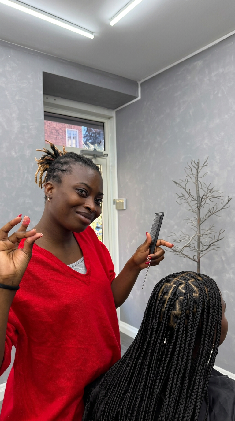 Rolly at work preparing a client’s hair