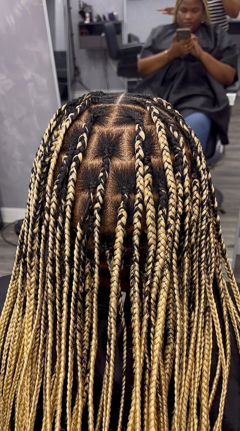 Long blonde and dark knotless braids by Rolly’s Hairline